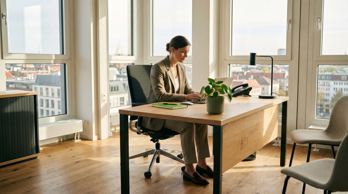 Person arbeitet im Büro – ihr Einkommen ist abgesichert