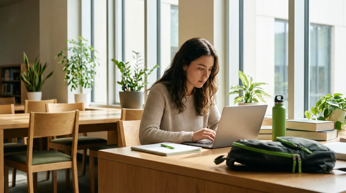 Studentin lernt mit Laptop in der Bibliothek