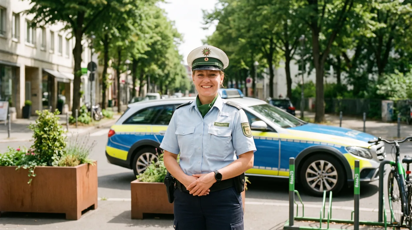 Polizistin steht freundlich vor einem Streifenwagen