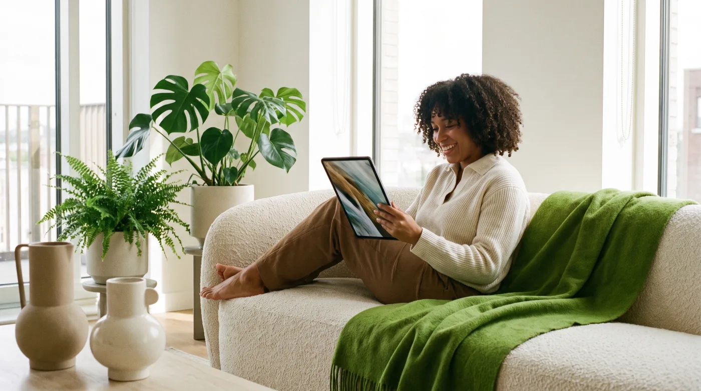 Person nutzt ein Tablet auf dem Sofa