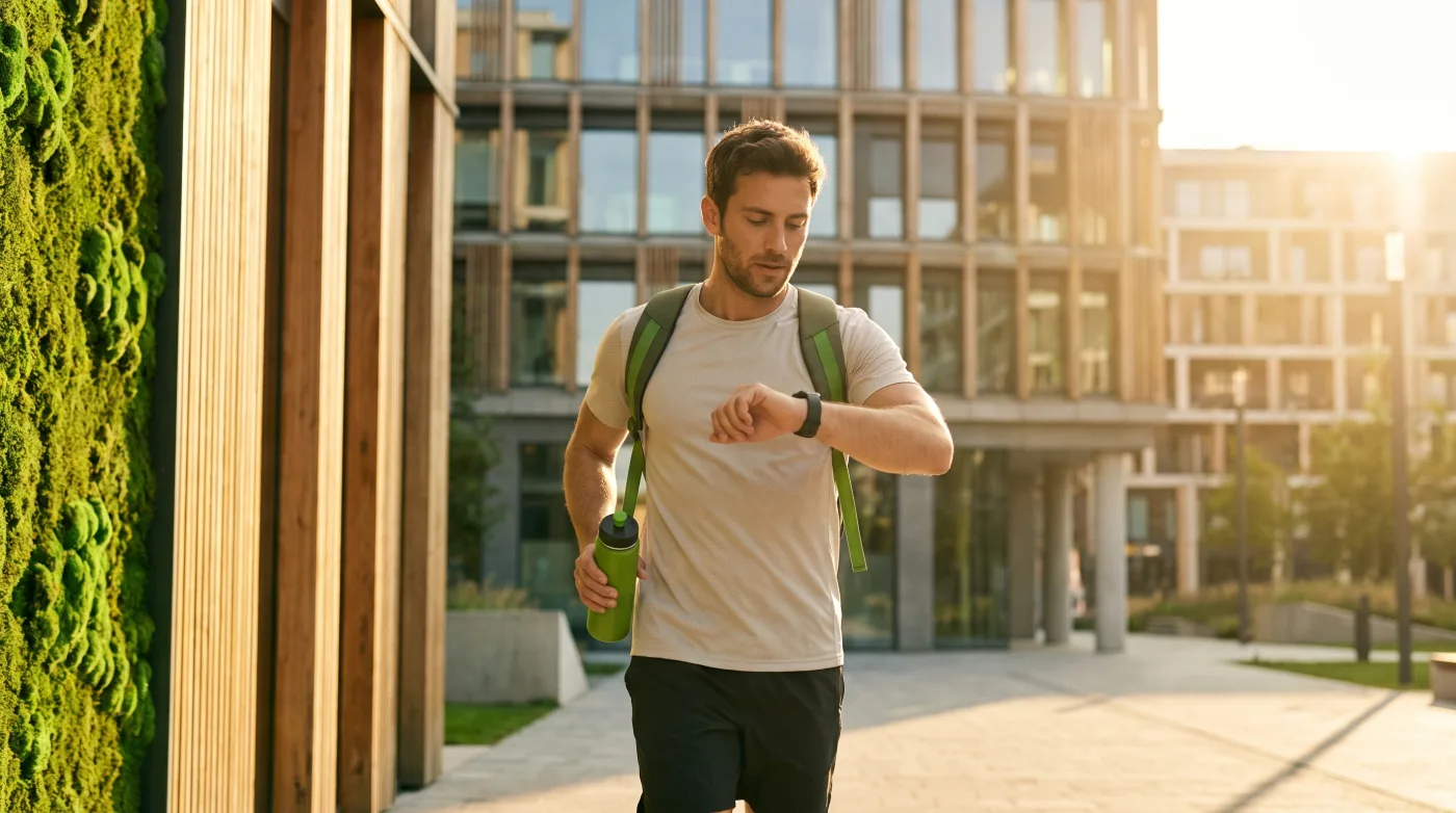 Sportliche Person schaut beim Joggen auf ihre Smartwatch