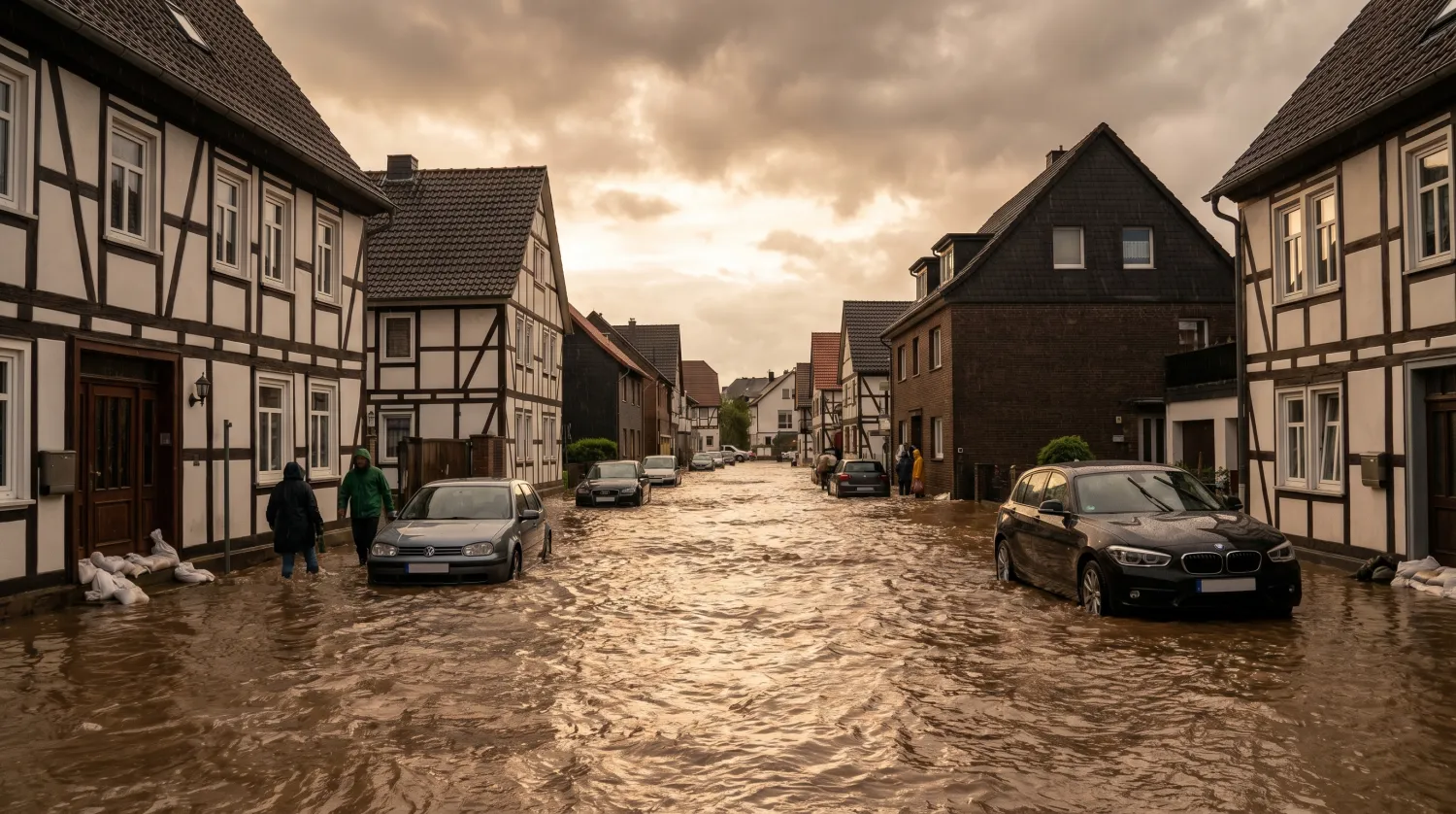 Überschwemmtes Wohngebiet nach Starkregen