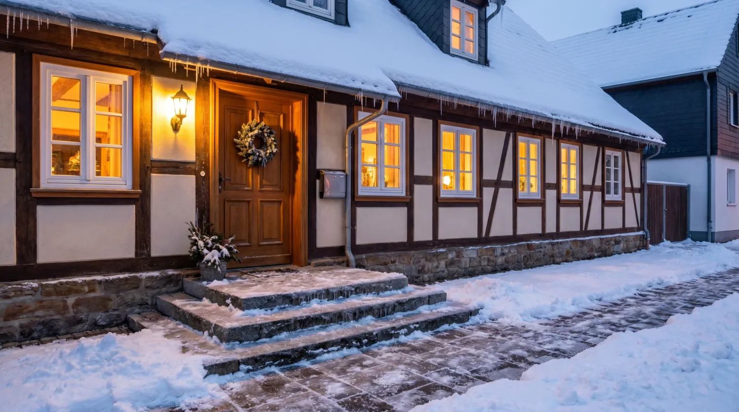 Hauseingang mit Gehweg im Winter