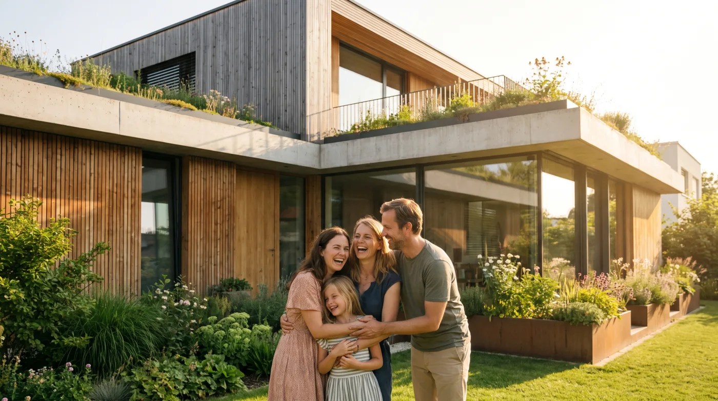 Familie vor ihrem Eigenheim