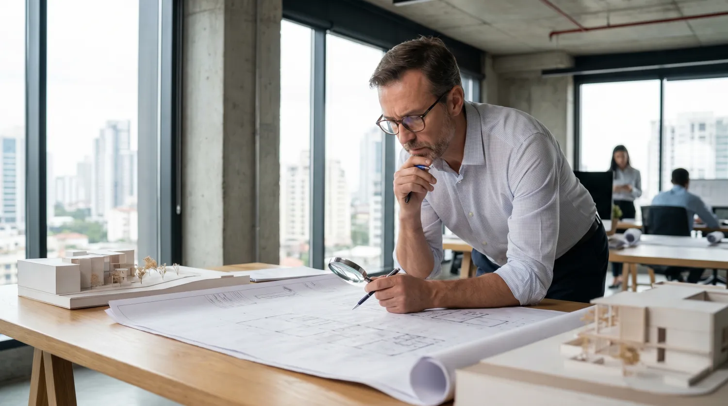 Architekt prüft Baupläne am Schreibtisch