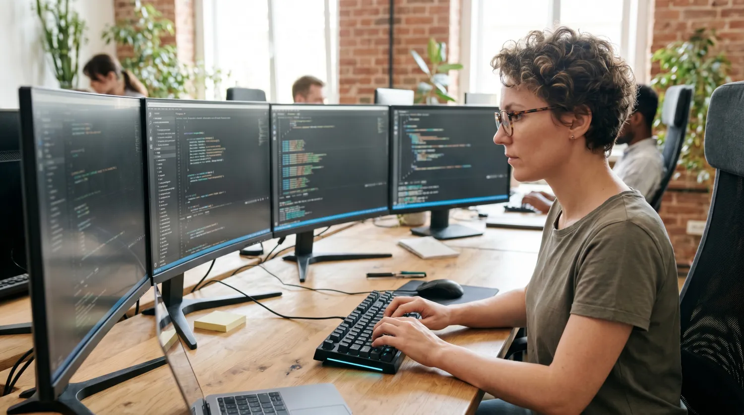 Softwareentwickler an mehreren Bildschirmen