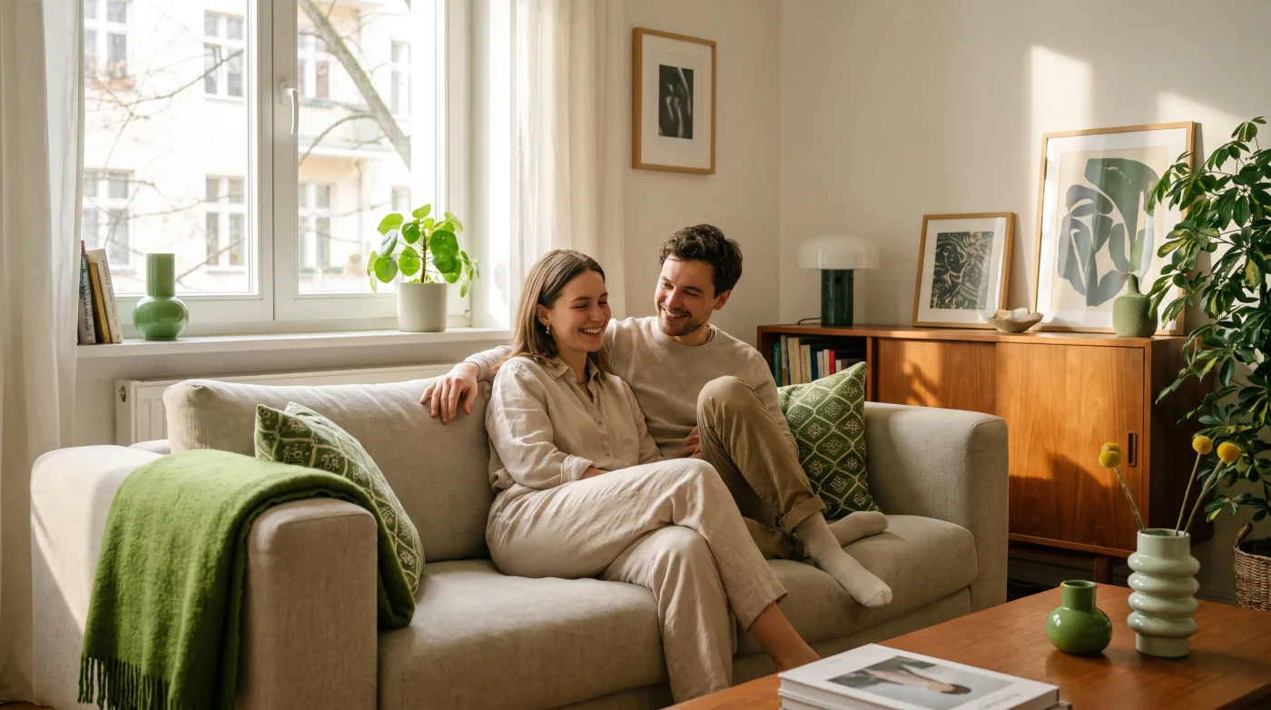 Zufriedenes Paar im Wohnzimmer seiner abgesicherten Wohnung