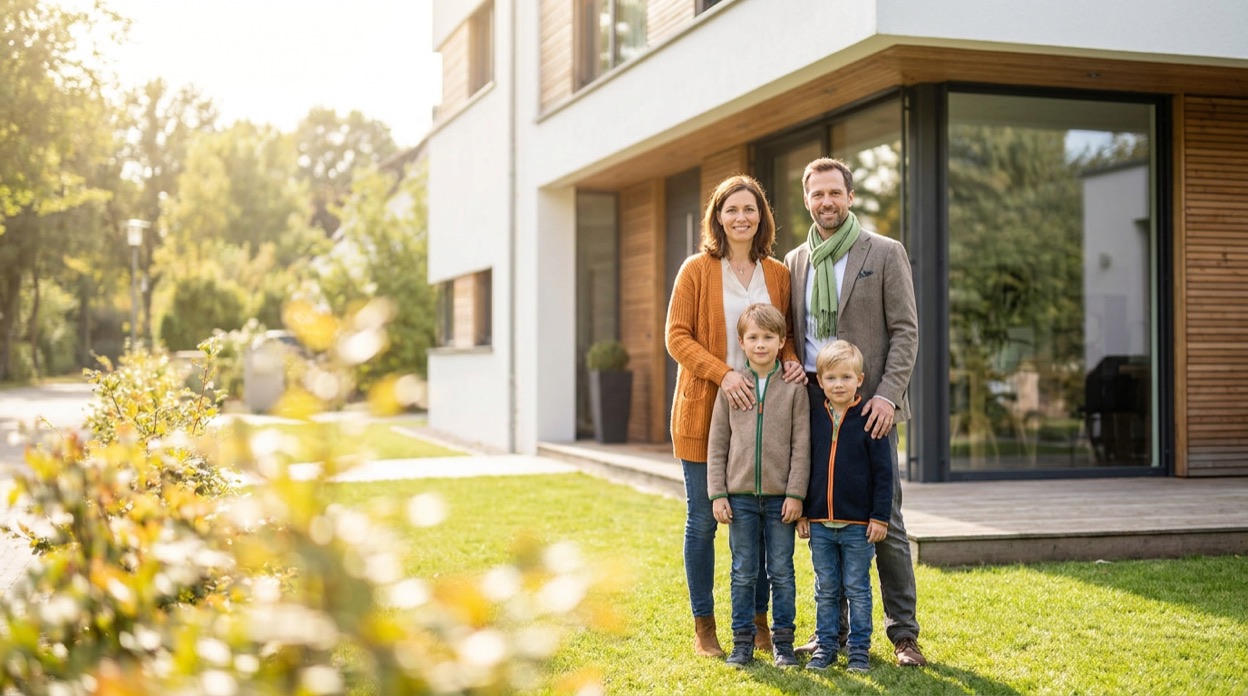 Zufriedene Familie vor ihrem Zuhause – gut versichert mit Versicherungsriese