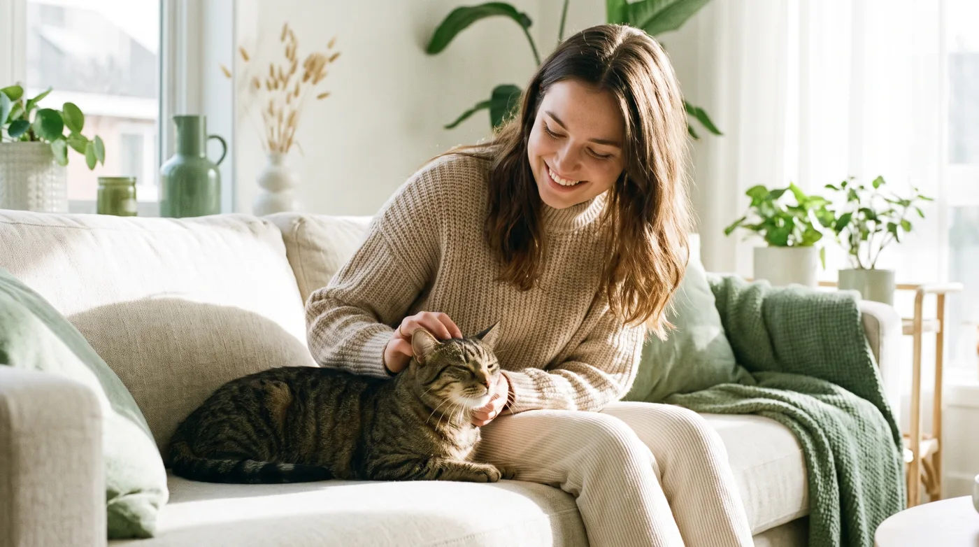 Katzensitter betreut eine Katze in der Wohnung – Berufshaftpflicht für die Katzenbetreuung