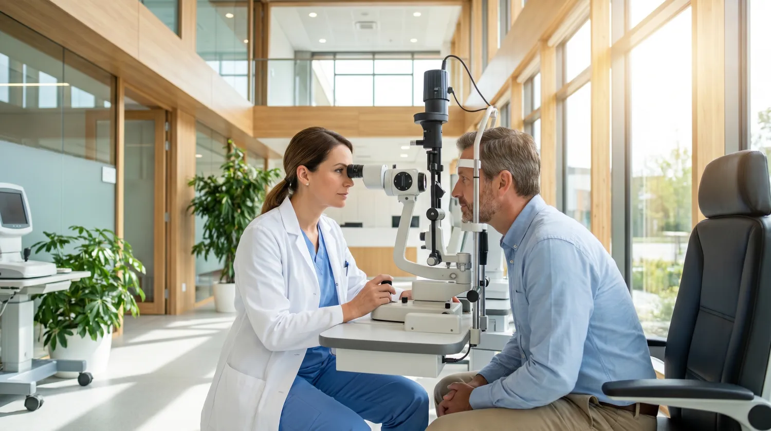 Augenärztin untersucht die Augen einer Patientin