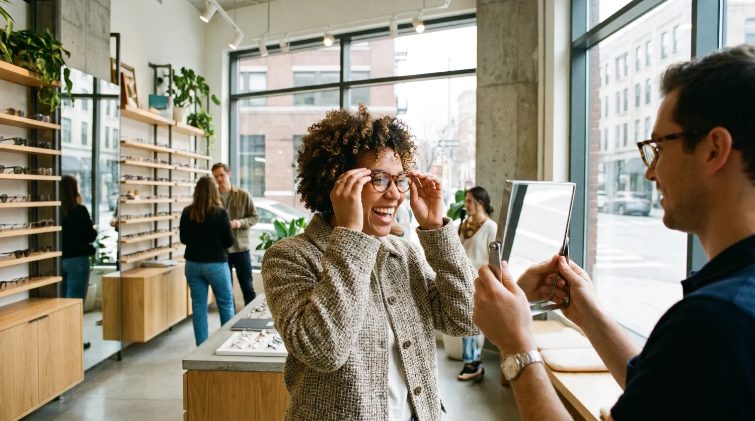Person probiert eine Brille beim Optiker an