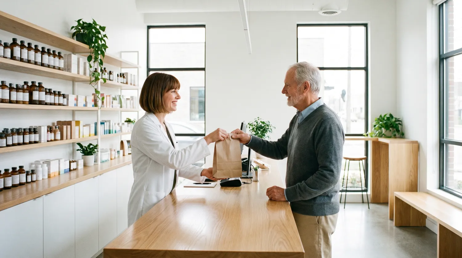 Apothekerin übergibt Medikamente an eine Kundin
