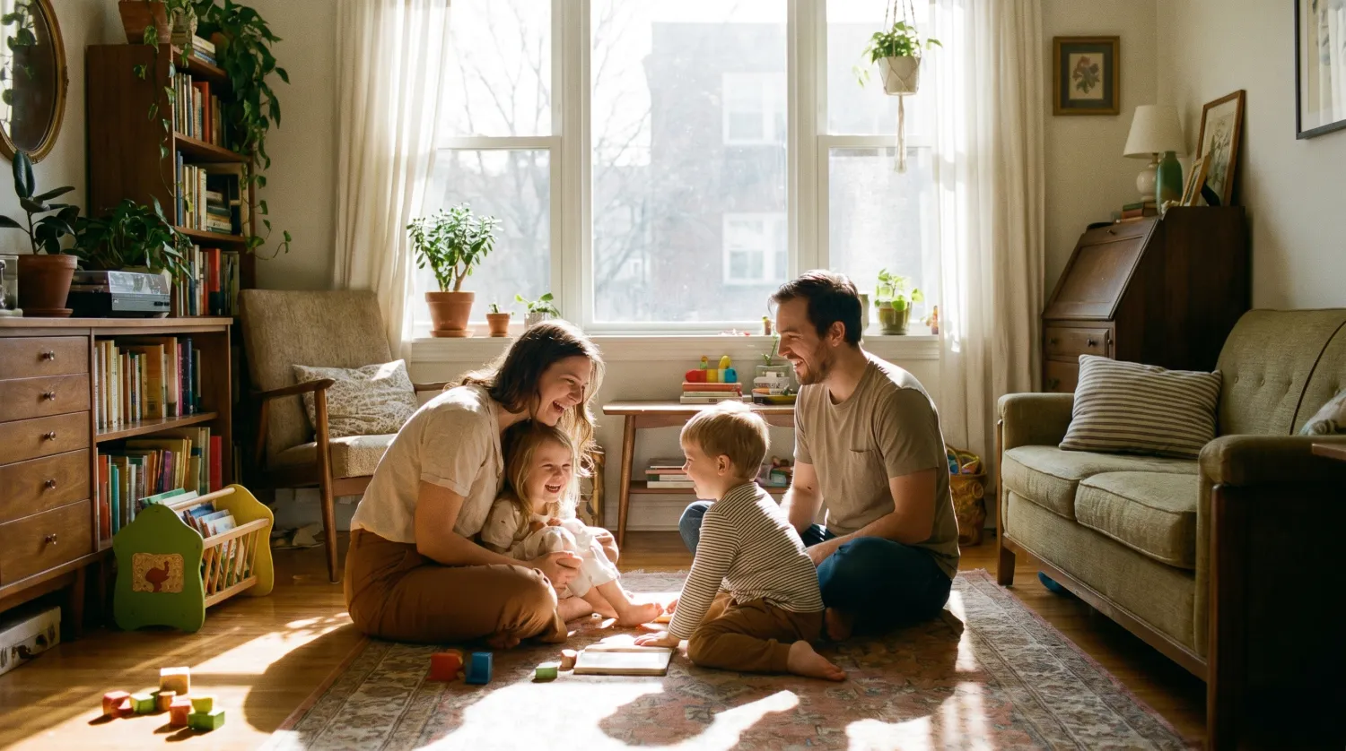 Junge Familie mit zwei Kindern im Wohnzimmer