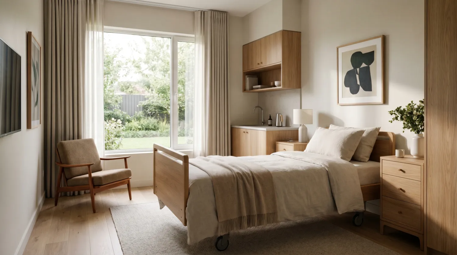Klinikzimmer mit Bett am Fenster
