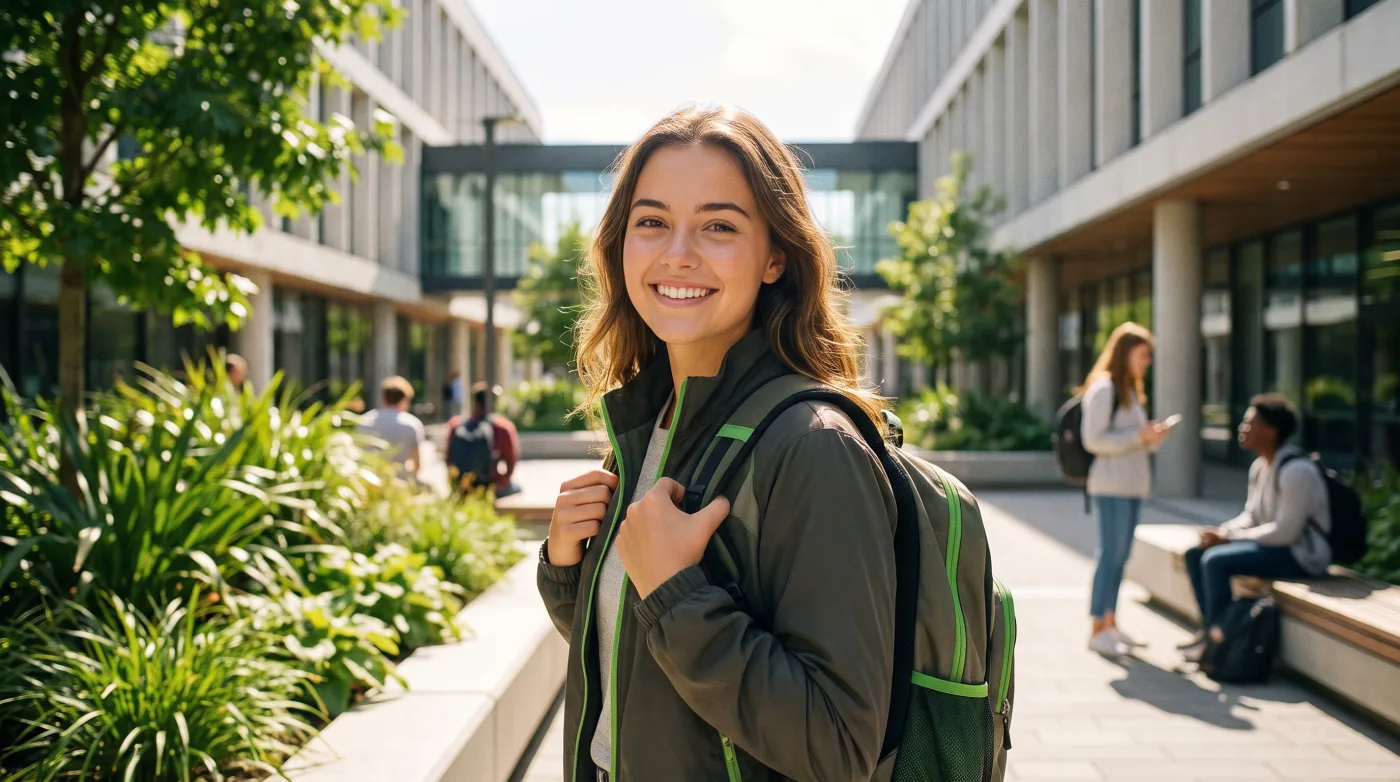 Studentin mit Rucksack auf einem Universitätscampus