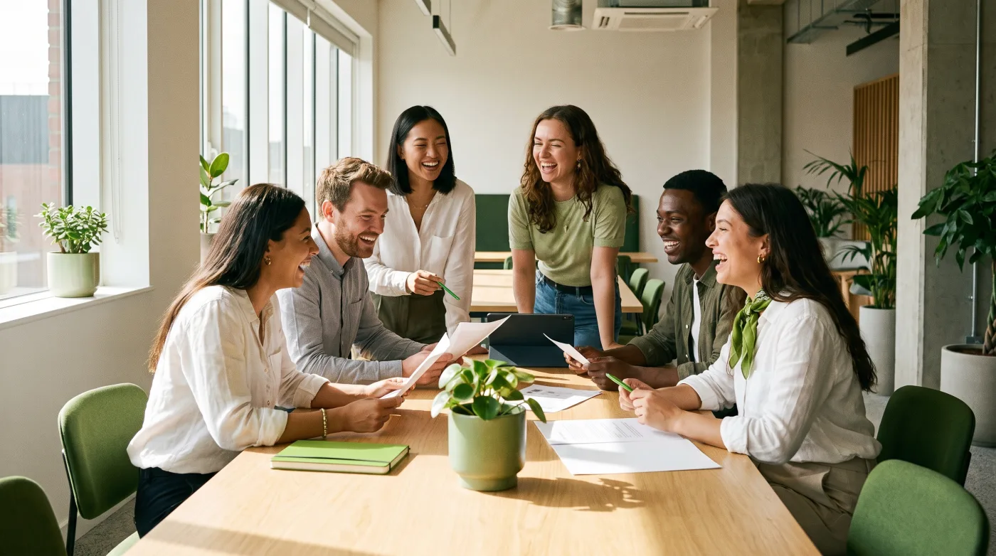Kollegenteam bespricht Unterlagen im hellen Büro