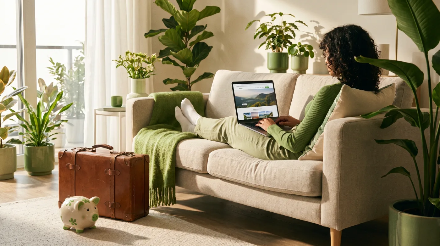 Person bucht am Laptop eine Reise, daneben Koffer und Sparschwein