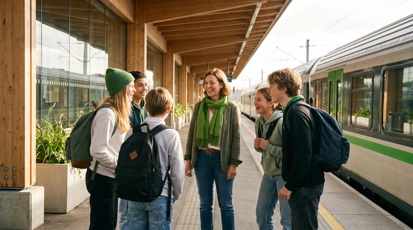 Schülergruppe wartet mit ihrer Lehrerin am Bahnsteig auf die Klassenfahrt