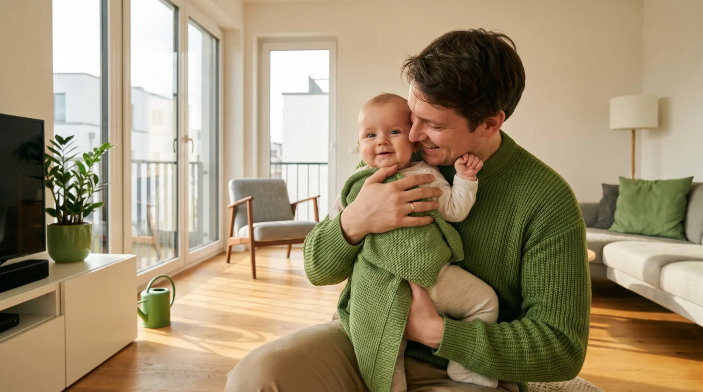 Elternteil hält liebevoll sein Baby im Wohnzimmer