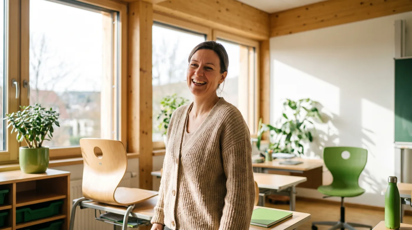 Lehrerin in einem hellen, modernen Klassenzimmer