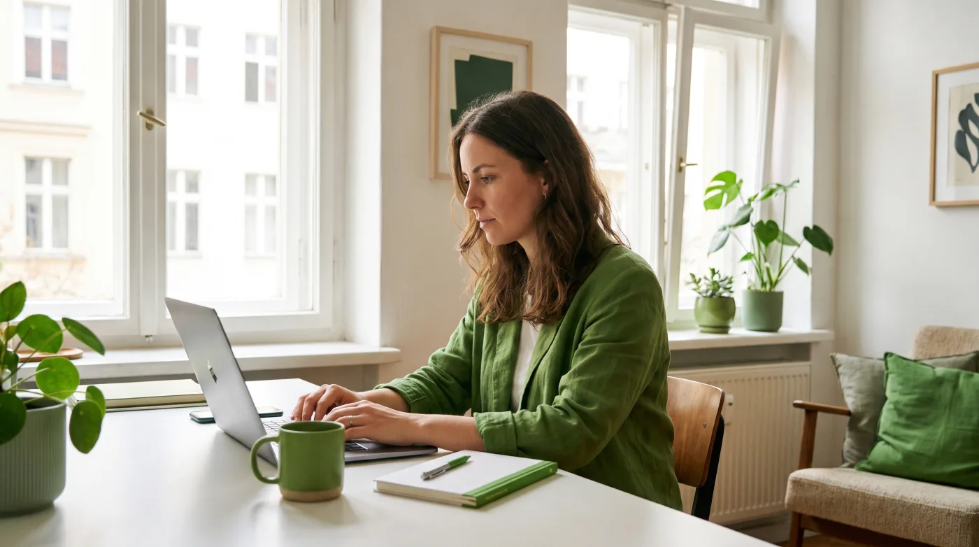 Selbstständige Person arbeitet mit Laptop im hellen Atelier-Büro