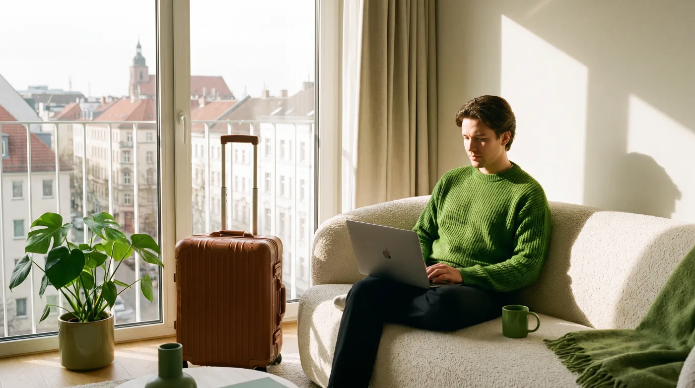 Person mit Laptop und Reisekoffer in einer hellen Unterkunft im Ausland