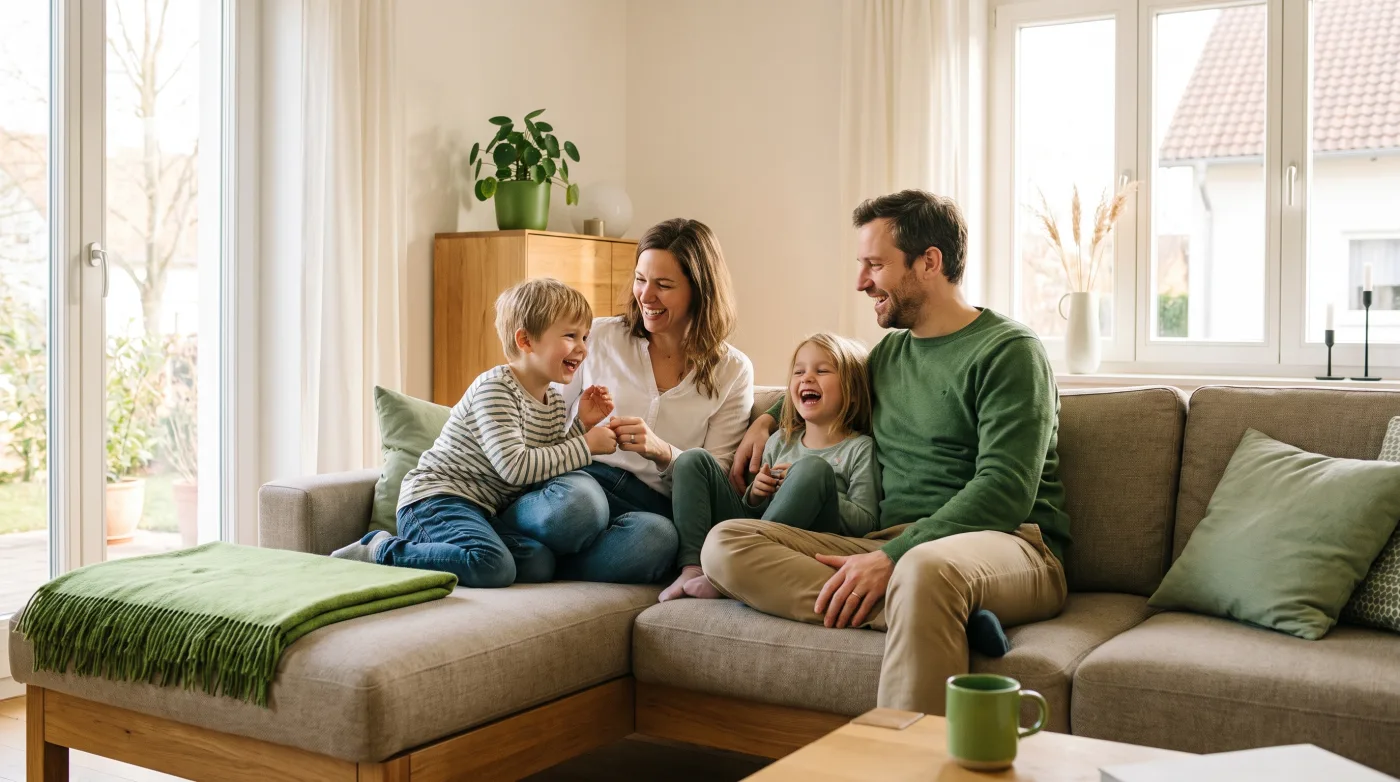 Junge vierköpfige Familie sitzt lachend zusammen auf dem Sofa