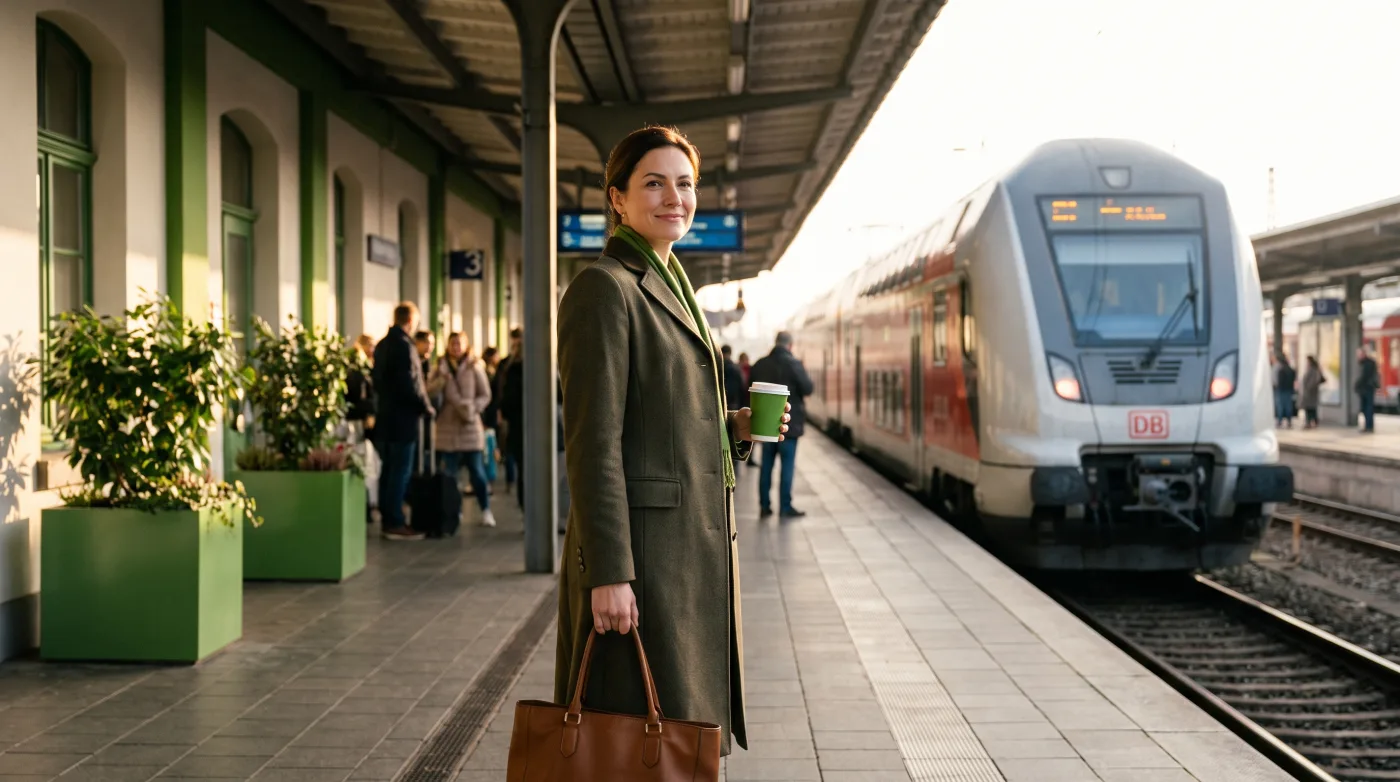 Berufstätige Person wartet morgens am Bahnsteig auf den Pendlerzug