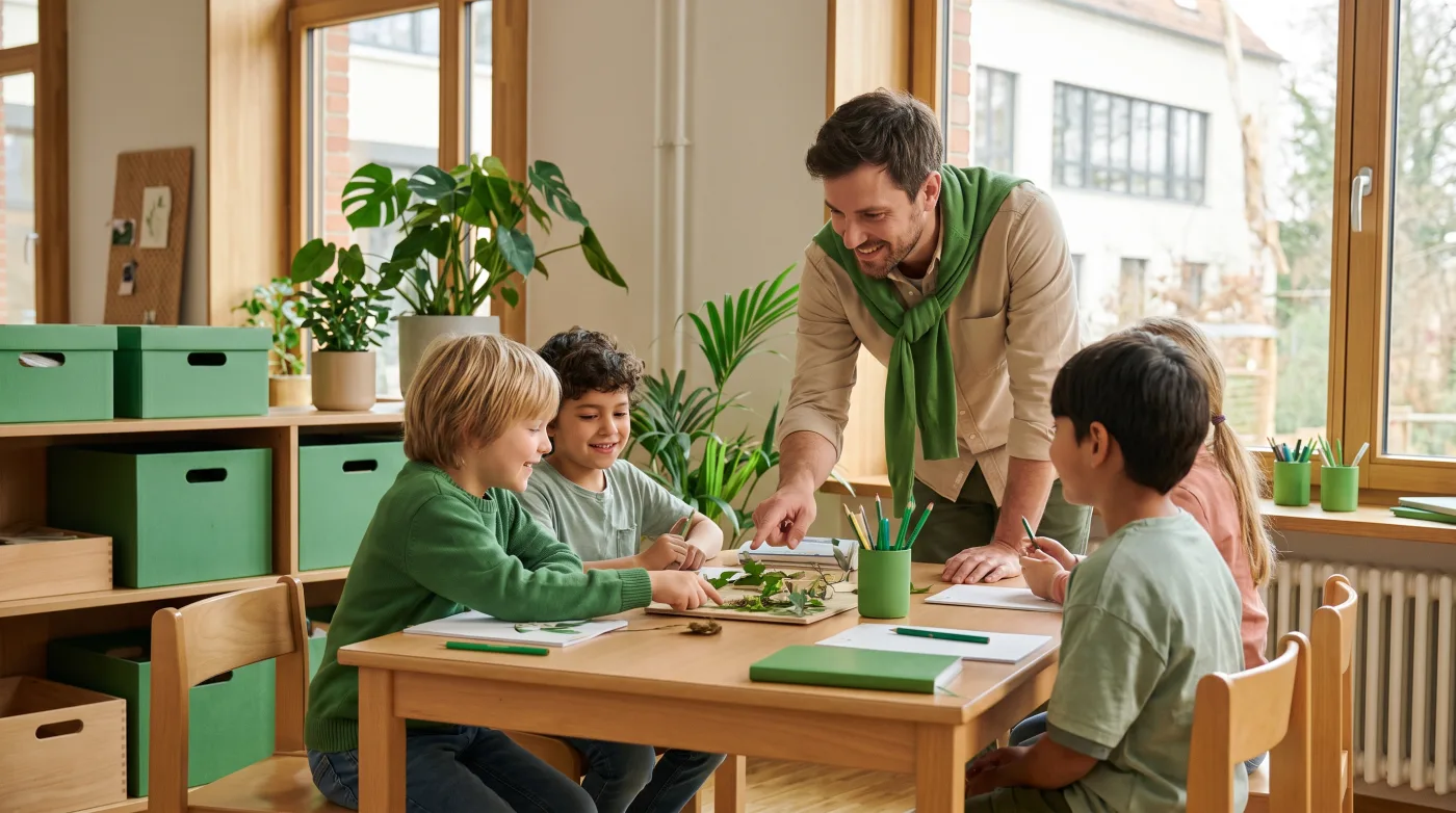Lehrer hilft Schülern an einem Tisch im Klassenzimmer