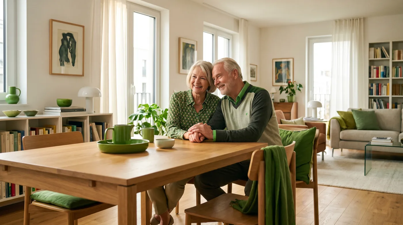 Glückliches Rentnerpaar sitzt entspannt zu Hause am Tisch