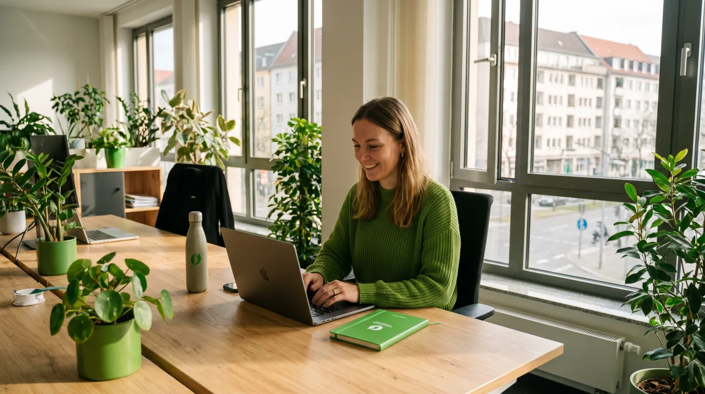 Angestellte Person arbeitet zufrieden im Büro