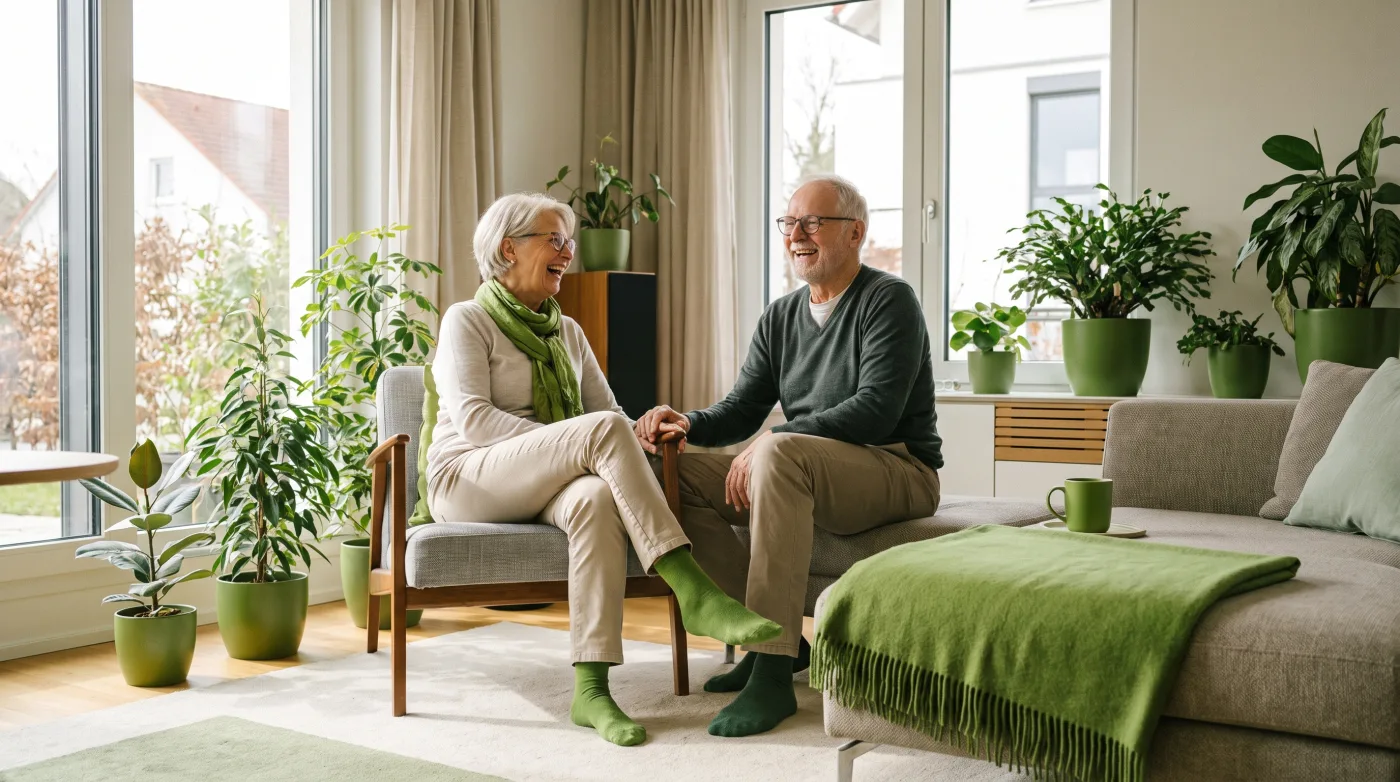 Aktives Seniorenpaar lacht im hellen Wohnzimmer