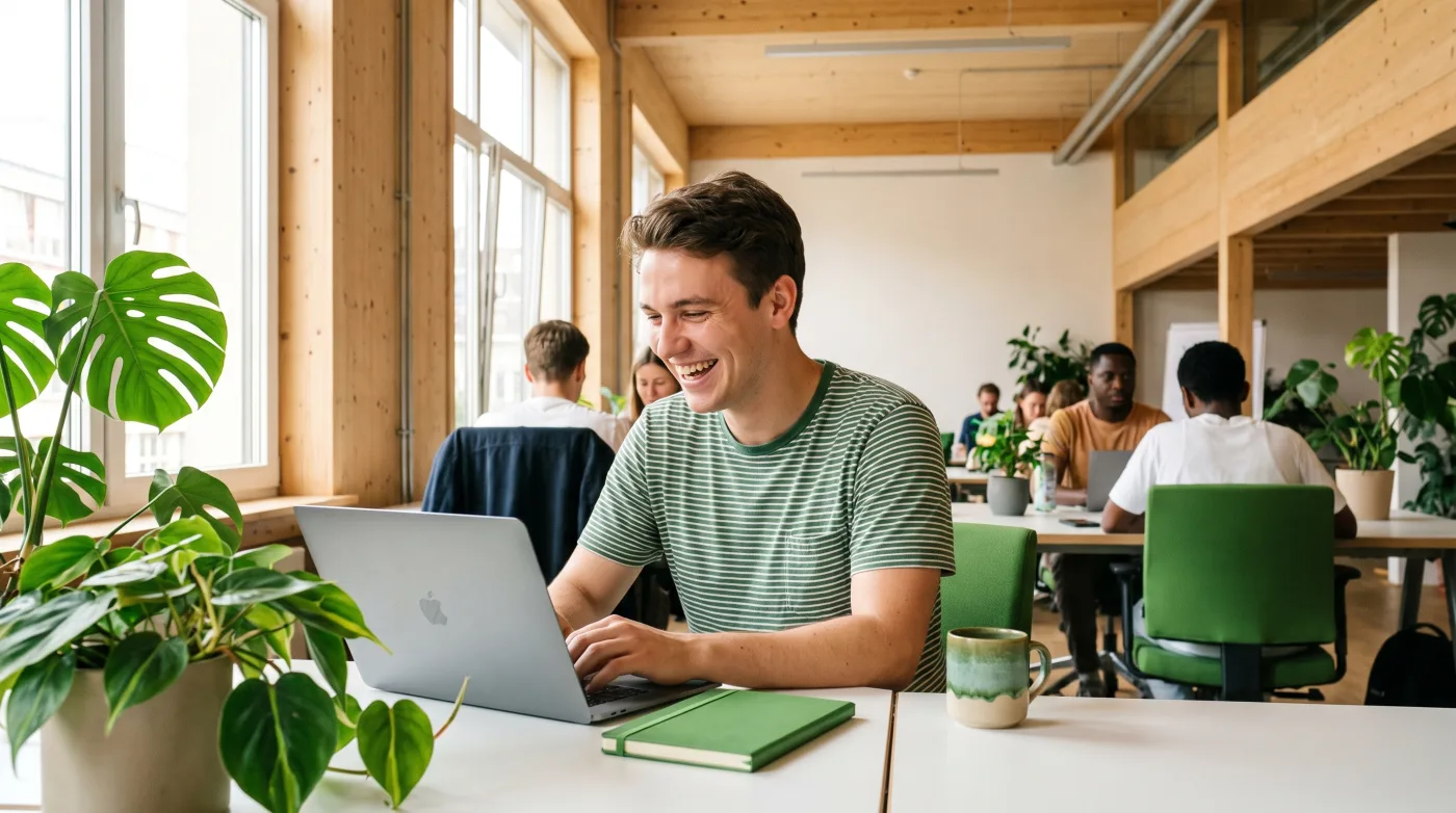 Junger Werkstudent arbeitet mit Laptop im Büro