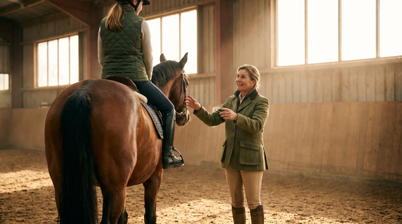 Reitlehrerin gibt Reitunterricht in der Reithalle – Berufshaftpflicht für Reitlehrer