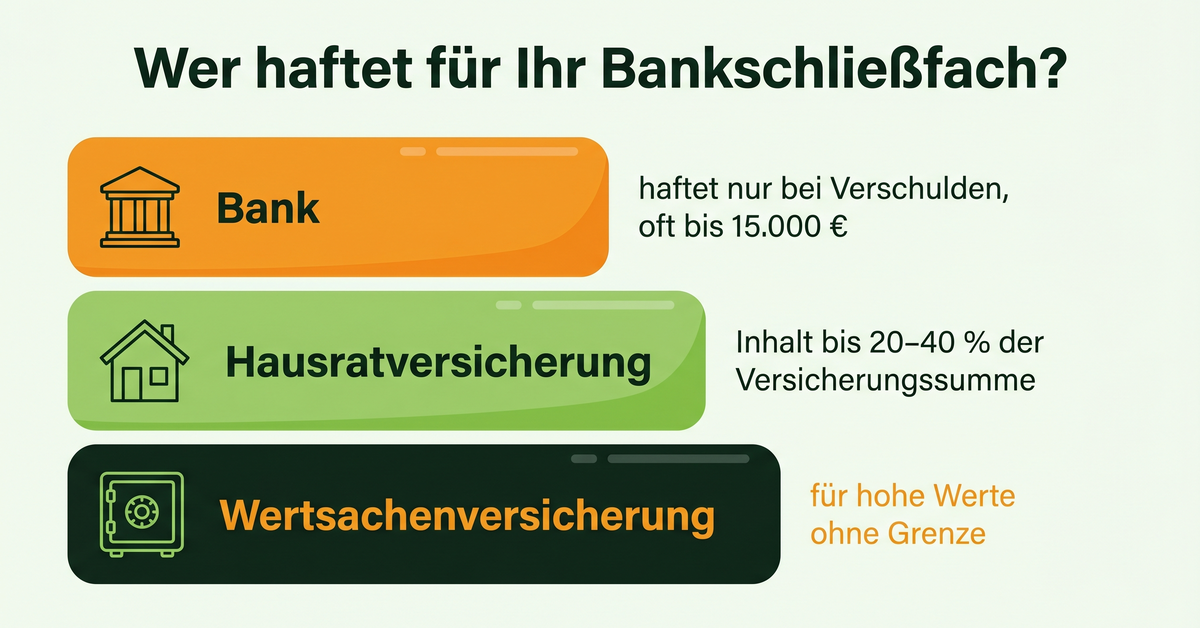 Infografik: Drei Stufen der Absicherung für ein Bankschließfach: Bank, Hausratversicherung und Wertsachenversicherung
