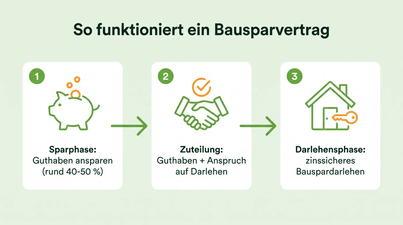 Infografik: So funktioniert ein Bausparvertrag in drei Phasen – Sparphase mit Guthabenaufbau, Zuteilung, Darlehensphase mit zinssicherem Bauspardarlehen