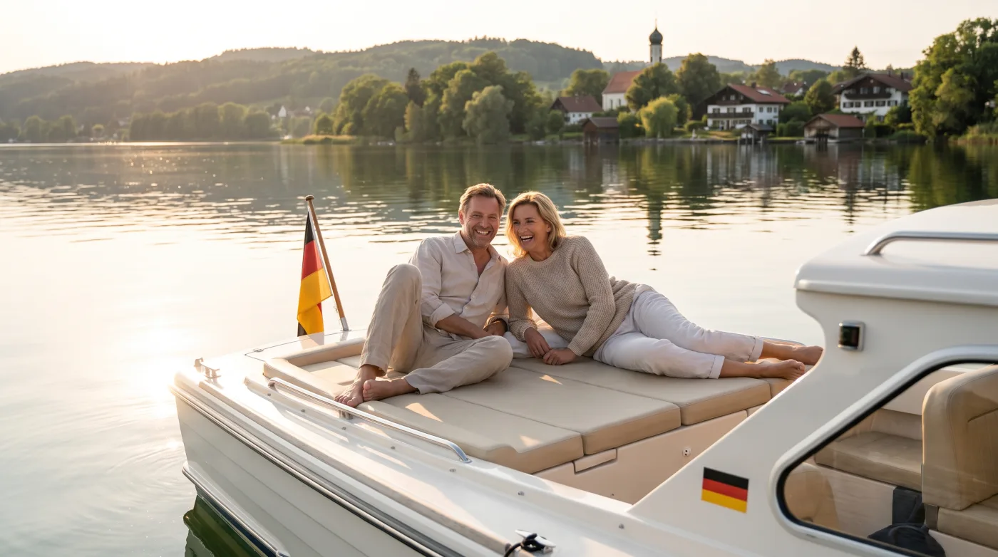 Kleines weißes Motorboot auf einem ruhigen See im Abendlicht – die Bootsversicherung schützt vor Haftungs- und Kaskoschäden
