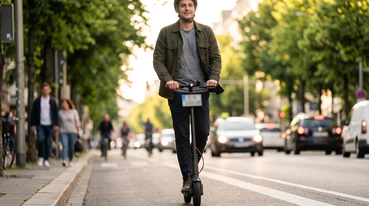 Person fährt mit Helm auf einem E-Scooter mit Versicherungskennzeichen durch die Stadt