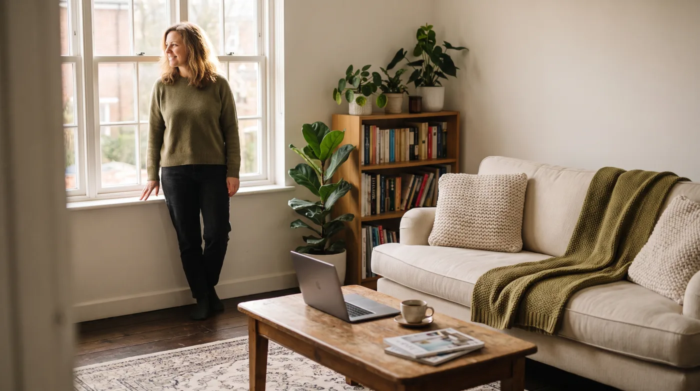 Gemütlich eingerichtetes Wohnzimmer mit Sofa, Bücherregal und Pflanzen – der versicherte Hausrat