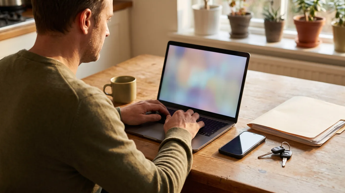 Mann meldet sein Fahrzeug am Küchentisch online per Laptop zur Kfz-Zulassung an