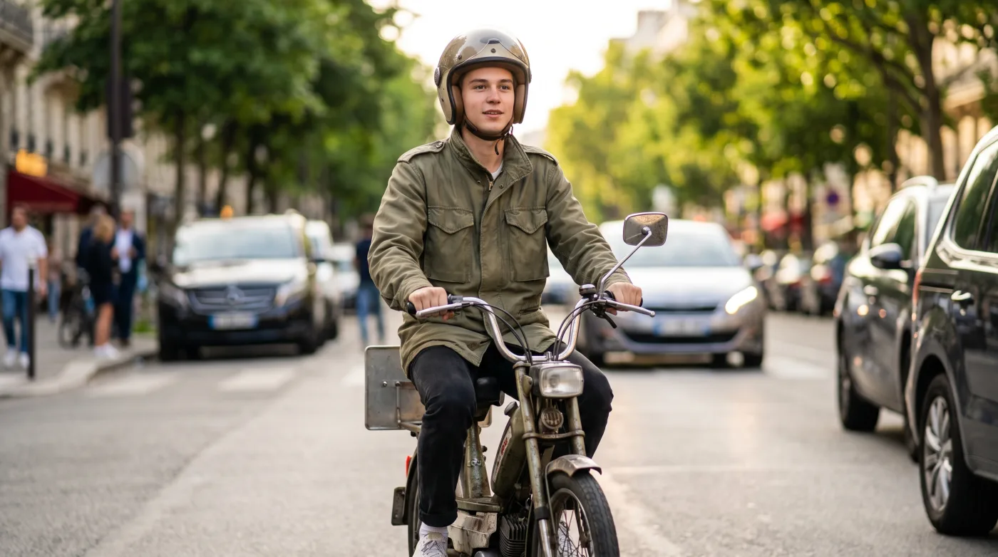 Junger Fahrer mit Helm auf einem Roller mit Versicherungskennzeichen in der Stadt