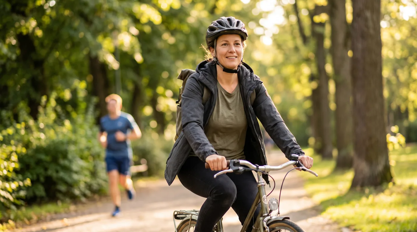 Frau mit Fahrradhelm fährt Rad im Park, im Hintergrund ein Jogger – aktive Freizeit, in der die private Unfallversicherung schützt