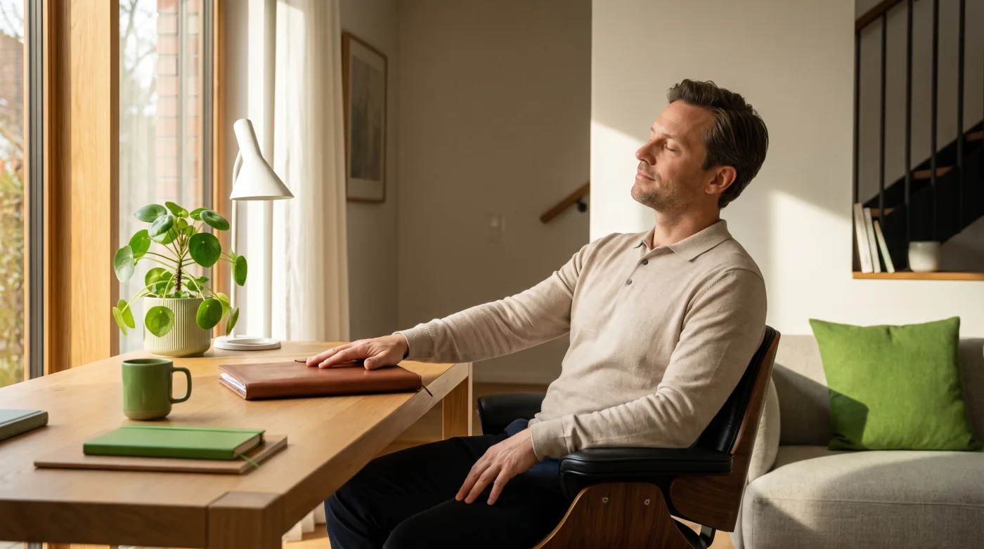 Person legt den Vertragsordner beiseite und pausiert