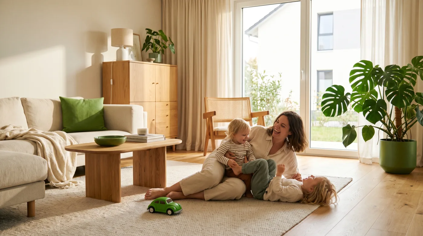 Elternteil spielt mit zwei Kindern im Wohnzimmer