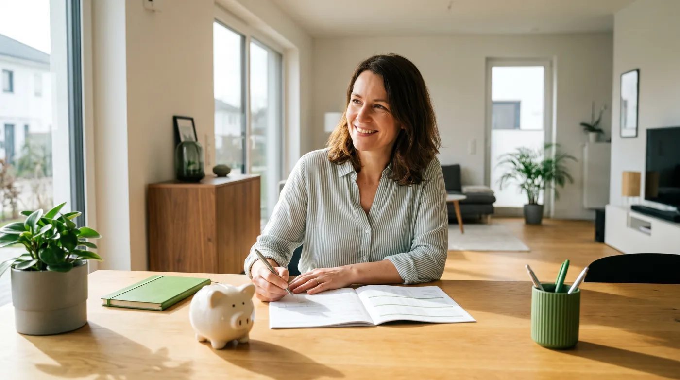 Person plant optimistisch ihre Altersvorsorge am Schreibtisch