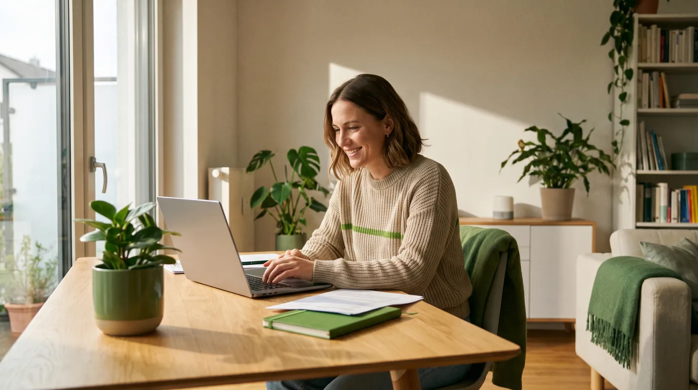 Person sitzt mit Laptop und Unterlagen am Schreibtisch
