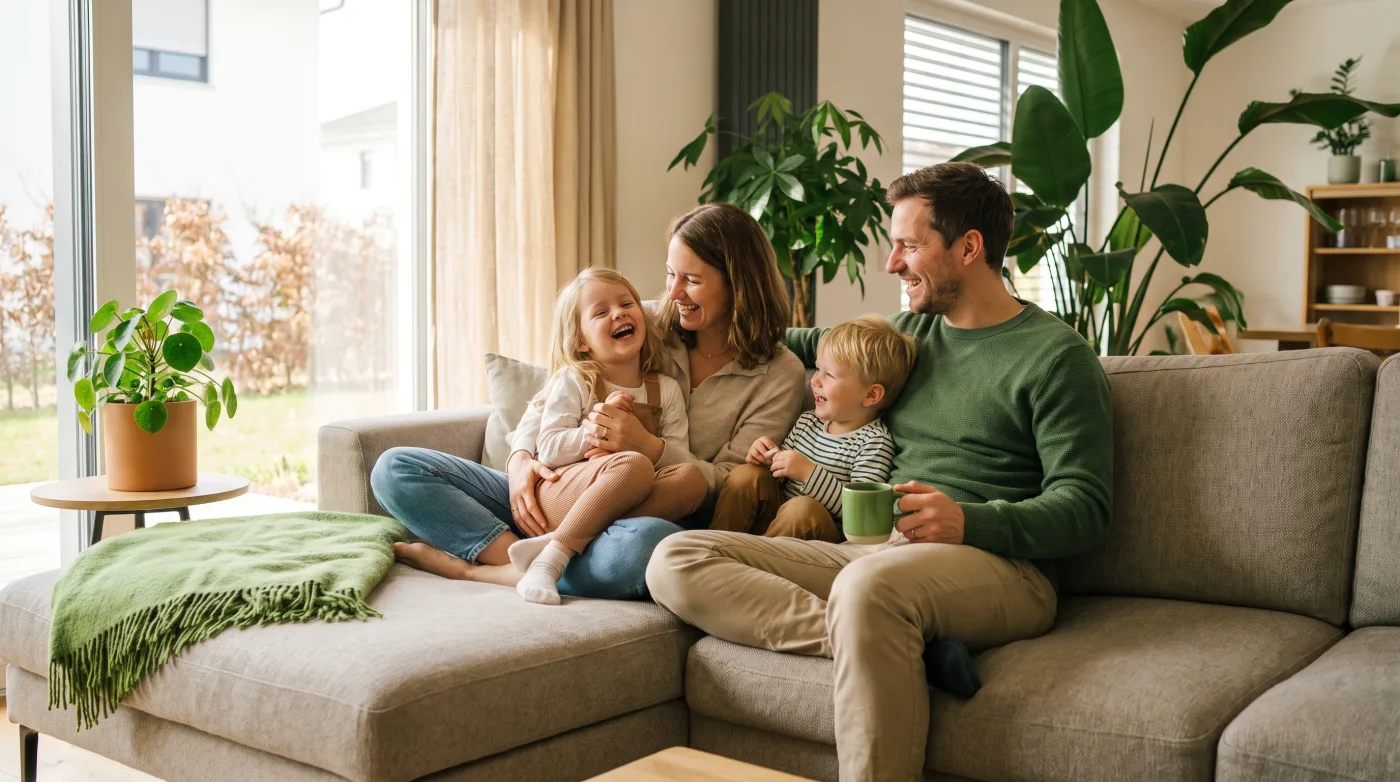 Junge Familie sitzt geborgen zusammen auf dem Sofa