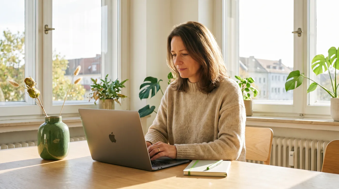 Selbstständige Person plant am Laptop ihre Altersvorsorge