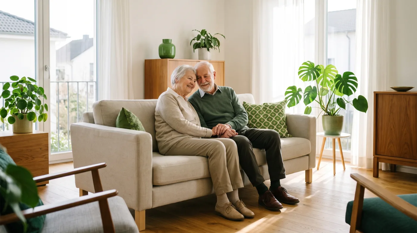 Liebevolles älteres Ehepaar sitzt zusammen auf dem Sofa