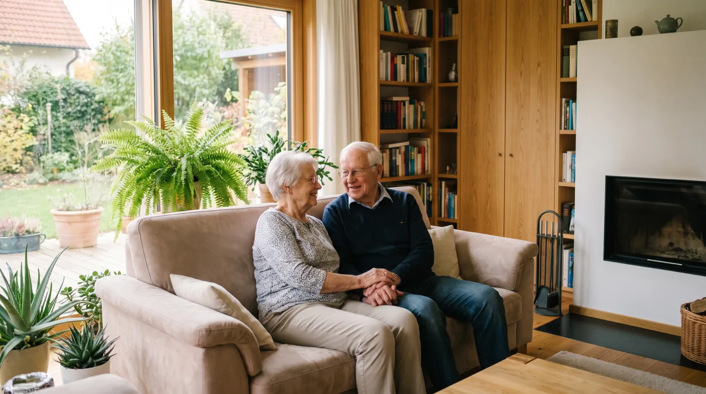 Liebevolles älteres Ehepaar auf dem Sofa
